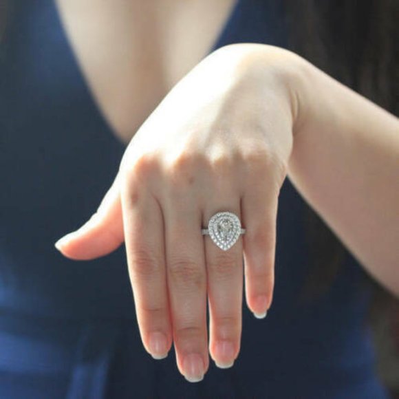 1.50 ct Pear Diamond Halo Sterling Silver Engagement Ring VVS1/D Moissanite Gems - Picture 6 of 8